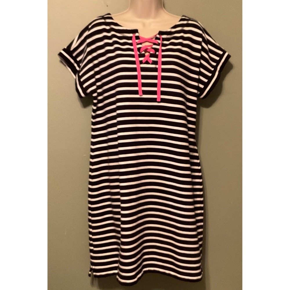 T byTALBOTS SAILING Navy/White stripe Dress wPINK TIE XLP 36" length 100% Cotton
